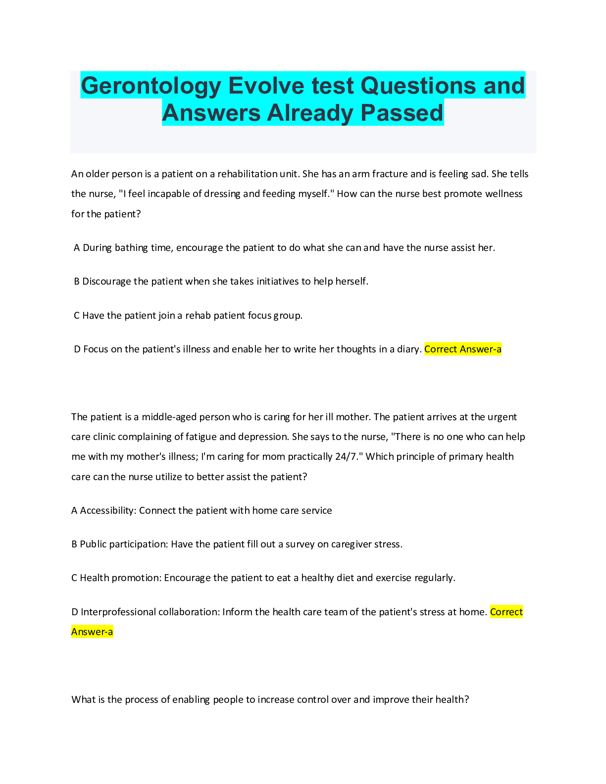 Gerontology Evolve test Questions and Answers Already Passed